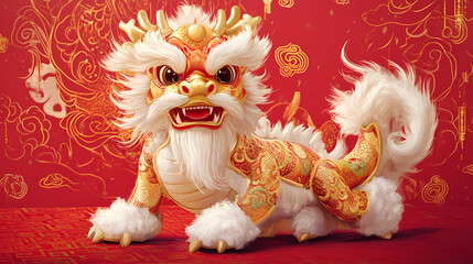 Majestic golden dragon with fluffy white fur and cute puppy-like features, adorned with ornate traditional chinese decorations, sitting regally on a vibrant red background. Draconic. Illustration