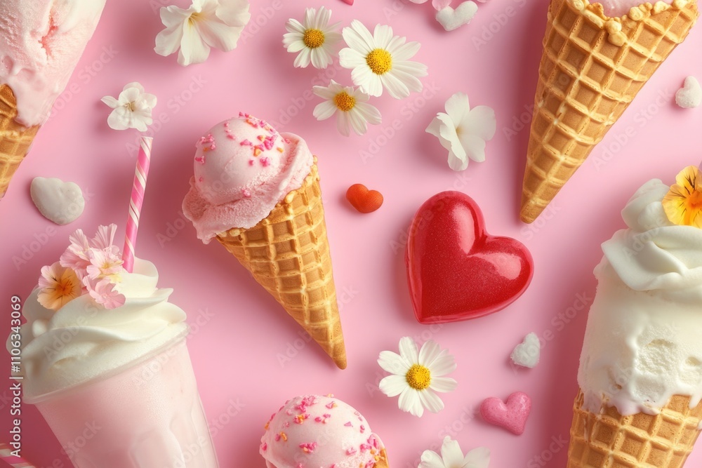 Leinwandbilder a colorful arrangement of ice cream cones and flowers on a bright pink background, perfect for addin