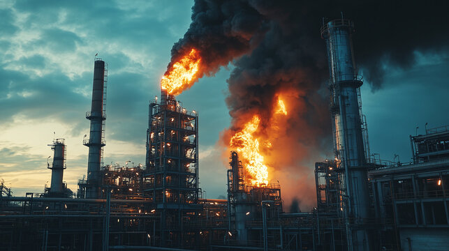 Big flame of fire and black smoke, explosion in an industrial oil refinery factory building. petroleum gas pollution, petrochemical hazardous accident, emergency disaster conflagration.