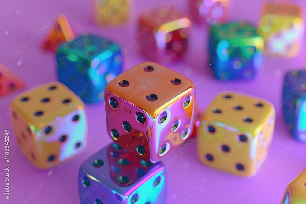 Poster A collection of brightly colored dice arranged on a table surface