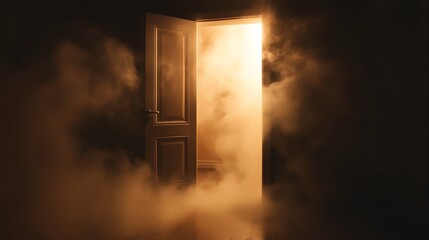 An open door leads to an empty room with smoke and mystical lightning.