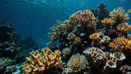 Naklejka premium Medium shot of a coral reef underwater with bubbles.