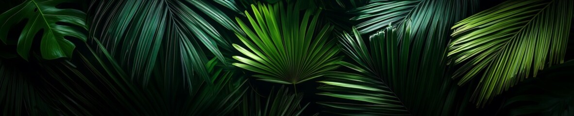 Fototapeta premium Banner with dark green palm leaves.