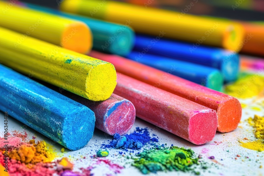 Poster close-up shot of colorful crayons on a table, perfect for creative projects or art classes