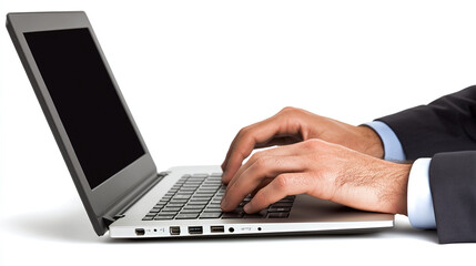 Businessman typing on a laptop notebook computer isolated on white background. using technology, working online, corporate employee workplace.