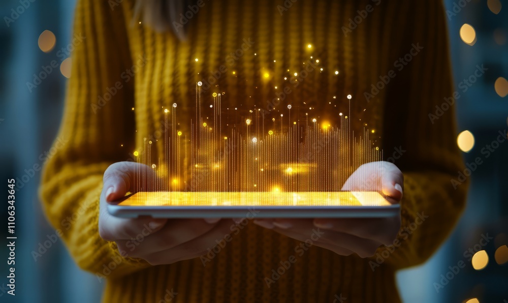 Poster woman in a yellow sweater holding a tablet with digital graphs and glowing data points. futuristic c