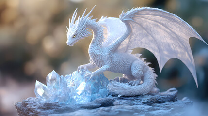 Majestic white dragon figurine with intricate scales and wings spread wide, perched on a mystical, glowing crystal. Draconic. Illustration
