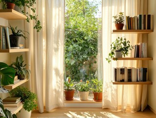 A window with a view of a garden and a shelf with books. There are potted plants on the windowsill