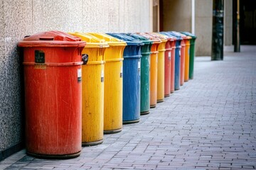 A row of trash cans lined up against a wall, ready for collection