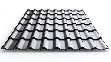 Metal dark gray or black shiny modern home or house roof tile isolated on white background. roofing pattern, construction material structure, building architecture, stainless row, protection.