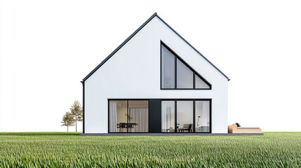 Obraz premium Modern white house or home building architecture with grass backyard, isolated on white background. outdoor exterior property view, summer lawn meadow, residential mortgage, real estate.