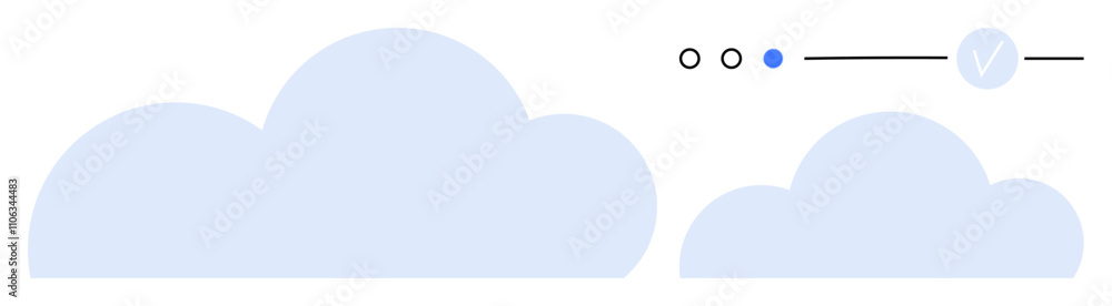 Poster cloud icons with three dots, a progress bar, and a checkmark representing cloud computing, data tran