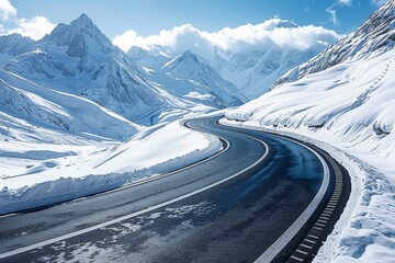 Stunning aerial view of curving roads snaking through a snow capped valley landscape