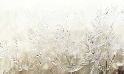 Winter's icy frost creates texture on glass, against light background