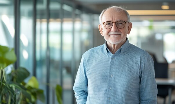 Confident senior man with glasses standing in modern office, perfect for leadership, business, and retirement themes