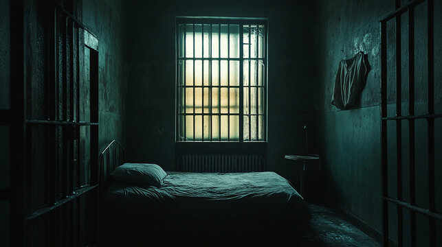 Nobody in empty prison or jail cell interior with bed and window, iron bars. law and justice punishment for criminal, security lockup cage, freedom, dark.