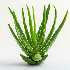 A vibrant aloe vera plant with succulent, spiky leaves, isolated on a white background.