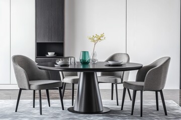 A black table with four chairs around it. There is a vase on the table with flowers in it