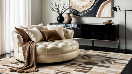 Cozy nook with a round snuggle chair, soft pillows, abstract art, and decorative vases in a neutral toned space. Shabby chic French country interior design of modern hall, home entryway.