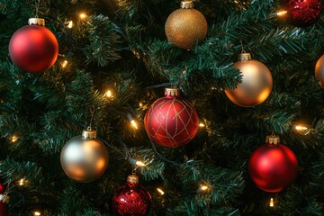 A close-up shot of a Christmas tree with colorful ornaments