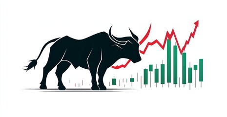 Stock market bull icon with upward green and red arrows on a white background