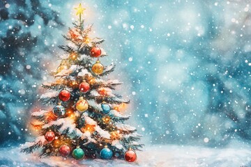 Cute Christmas tree in kid-lit style, gouache and pencil, thin black pencil outline, colorful ornaments, snowy winter background, warm festive glow, close-up 3