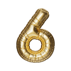 6. Golden Number six in the shape of a balloon, isolated on a transparent background. An inflatable balloon of gold color with a glossy texture.