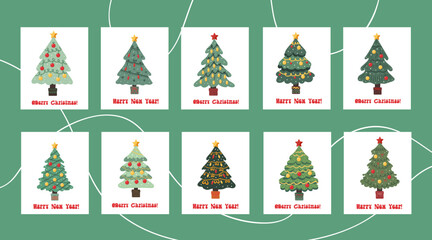 Naklejka premium Set of Christmas trees of different shapes with garlands, balls and toys with handwritten text. Vector Christmas trees in flat style on a white background.