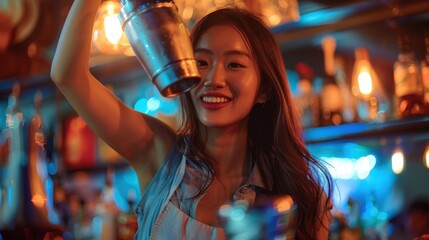 Asian woman shaking a cocktail mixer energetically, neon lights creating a vivid scene, bar patrons enjoying their drinks and the lively atmosphere
