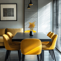 Modern dining area with yellow chairs and a stylish gray sofa