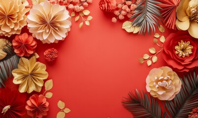 Chinese or lunar new year square flat lay with paper decorations and flowers