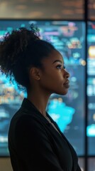 Mujer con cabello rizado en fondo tecnológico