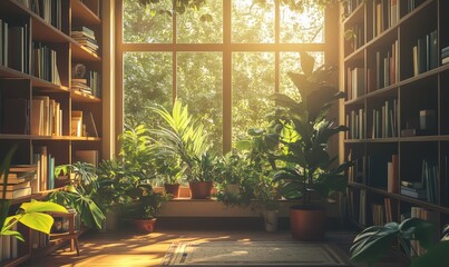 Cozy home library filled with books and lush greenery, bathed in soft sunlight through large windows. Concept of nature-inspired reading spaces