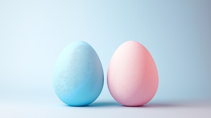 Fototapeta premium Two blue and pink Easter eggs on pastel blue background. Copy space, Easter theme.