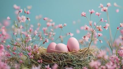 Pink Easter eggs in a nest with spring flowers on pastel blue background. Easter concept.