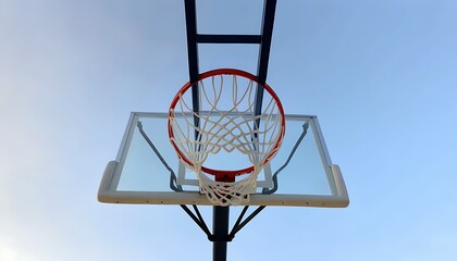 Low-angle shot of basketball hoop and outdoor sports scene.