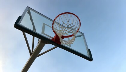 Low-angle shot of basketball hoop and outdoor sports scene.