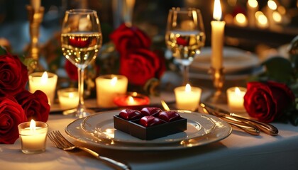 A close-up of a beautifully set table with red roses, candles, and a heart-shaped box of chocolates