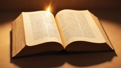 Obraz premium A beautifully illuminated book opens wide, revealing pages with wisdom under a radiant sunrise