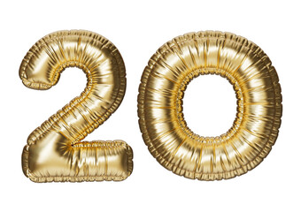 20. Glossy inflatable balloon with the number twenty. Golden volumetric numbers isolated on a transparent background. For anniversaries, birthdays, sales, greeting cards.
