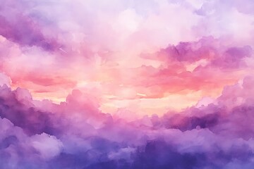 Obraz premium Watercolor soft pastel pink and purple clouds at sunset, dreamy sky background with fluffy cloudscape, atmospheric artistic texture for design and decoration