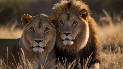 Obraz premium Lions love in the golden savannah, showing majestic bond and serenity under the evening sky.