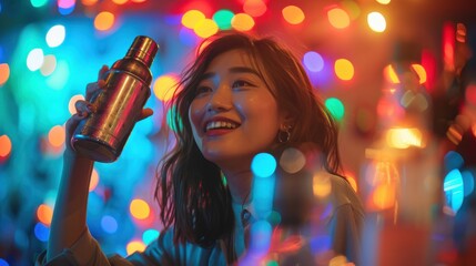 Asian woman shaking a cocktail mixer energetically, neon lights creating a vivid scene, bar patrons enjoying their drinks and the lively atmosphere