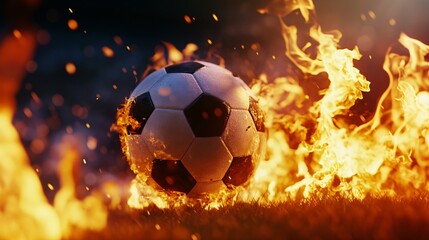 Soccerbal on fire in stadium. Championship, hot football game.