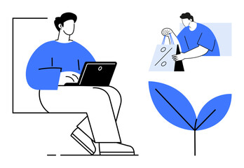 Person working on laptop, another carrying shopping bags, and a green leaf symbol. Ideal for work from home, e-commerce, sustainability, minimalism, modern lifestyle, balance eco-friendly focus