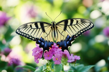 A delicate butterfly sits atop a vibrant purple flower