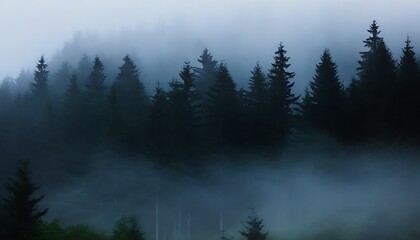 Mystic fog shrouds the forest, trees standing to show Eastern charm.