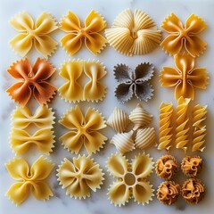 Obraz premium Artistic display of raw pasta varieties like macaroni, bowtie, and fusilli isolated on a clean white backdrop