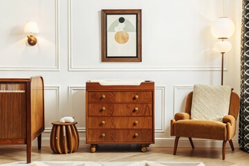 Vintage inspired photograph of a nursery with a framed poster, aged wooden furniture and classic baby accessories, soft, warm light creating a retro feel