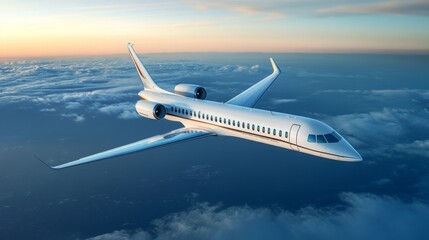 Fototapeta premium An electric transport aircraft glides gracefully above the clouds as the sun sets, casting a warm glow across the sky. The innovation represents a new era in sustainable aviation.